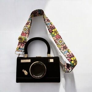 Vintage-Inspired Camera Shaped Bag – Black Crossbody Satchel with Floral Strap